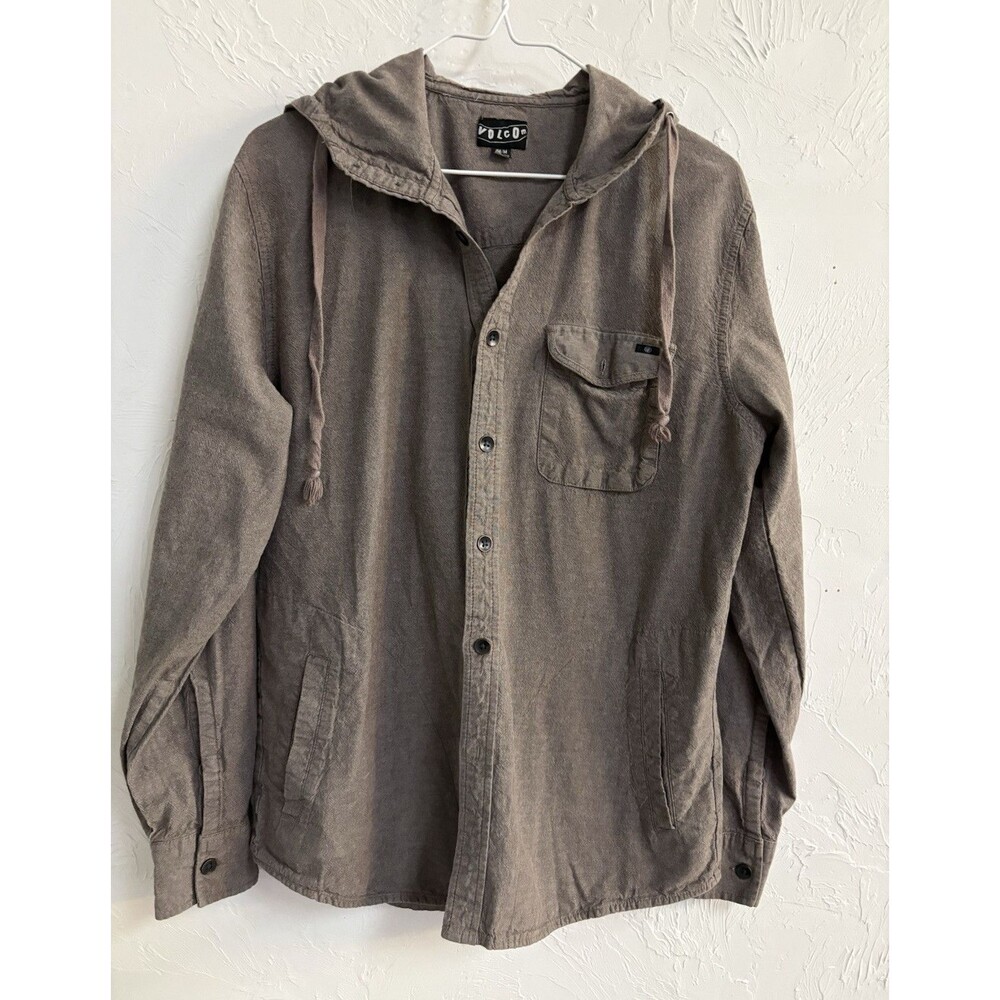 Volcom Men's M Gray Solid Hooded Pocket Long Sleeve Collared Button-Up Shirt
